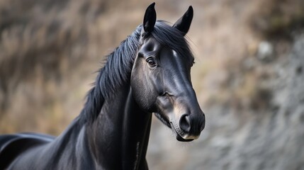 Obraz premium A close-up view of a black horse standing in a green field, with no distractions or people around