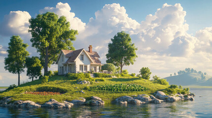 Obraz premium Beautiful House on a Floating Island Surrounded by Lush Greenery and Water