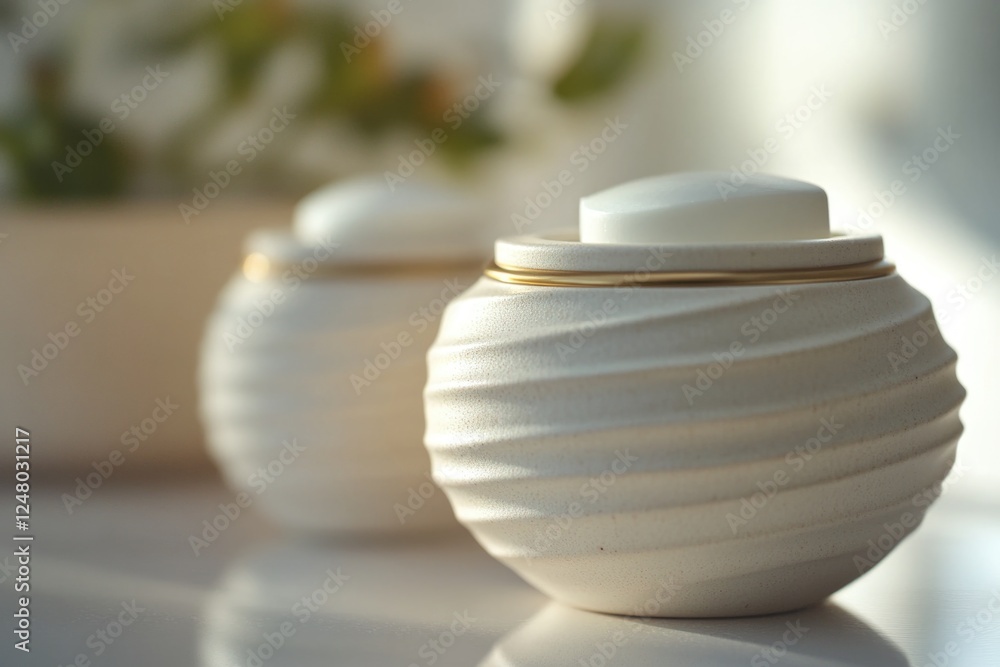 Poster a close-up view of a white container on a table, perfect for use in commercial or still life photogr