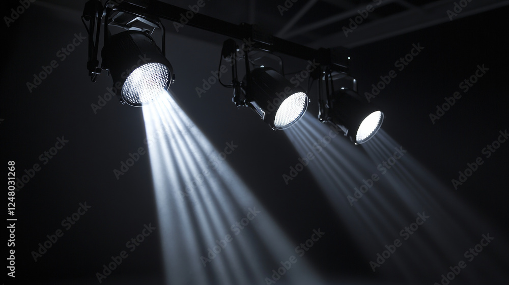 Poster professional stage spotlights with various beam configurations. realistic 3d vector focused illumina