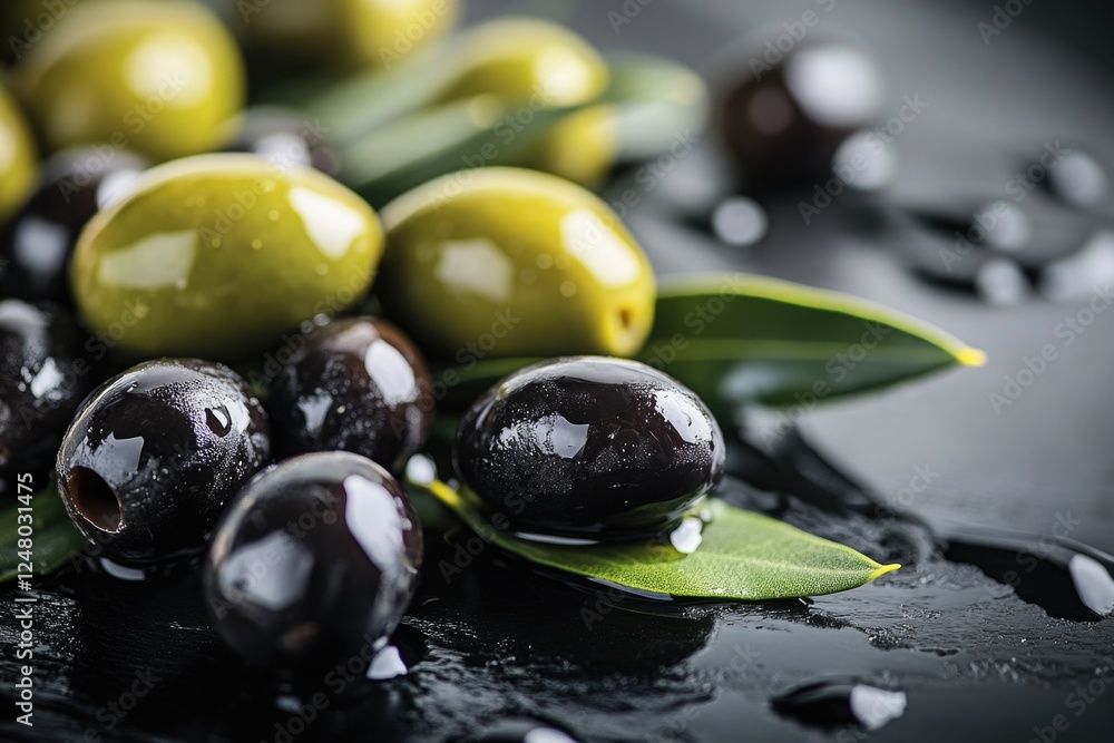 Poster fresh olives arranged with leaves on a wooden table for serving or display
