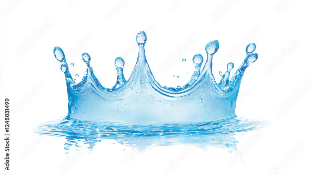 Poster water splash set. aqua liquid in shape of crown and dynamic motion elements with spray droplets side