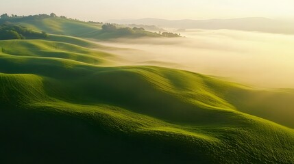 Fototapeta premium Vibrant rolling hills at sunrise, lush greenery bathed in golden light, serene landscape ideal for nature themes.
