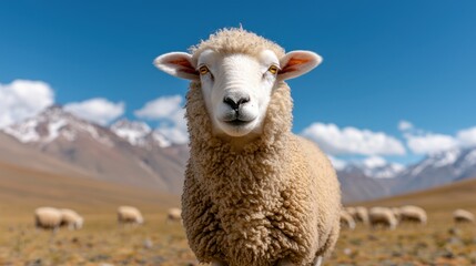 Fototapeta premium Fluffy Sheep in Mountain Pasture under Blue Sky Adorable Farm Animal Close Up