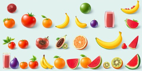 Fresh and vibrant 3D vector icons of orange, kiwi, banana, tomato, watermelon, papaya, and juice splashes, fruits, tomato, fresh
