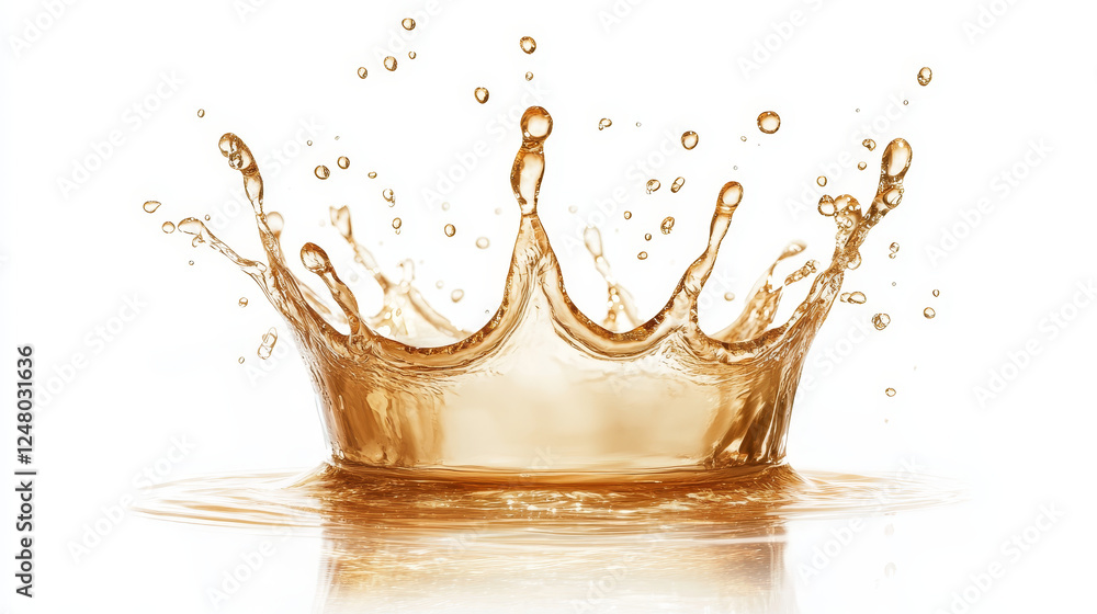 Poster water splash set. aqua liquid in shape of crown and dynamic motion elements with spray droplets side