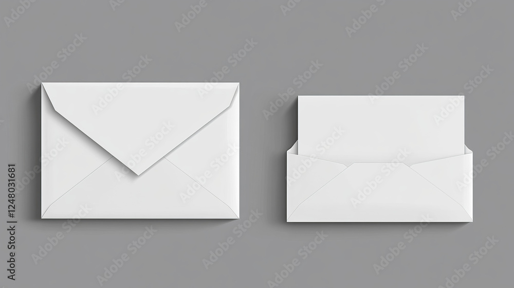 Poster white envelope dl and square template. vector realistic mockup of blank closed and open envelopes, l