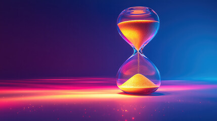 Vibrant hourglass, sand flowing, neon background. Time, deadline, urgency concept.