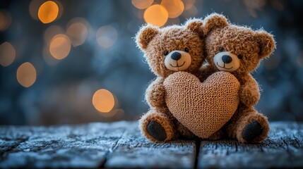 Two teddy bears holding a heart on a wooden surface.