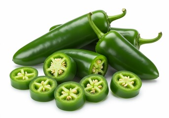 These fresh green jalapeños, presented whole and in slices on a white background, evoke the flavors and potential of spicy cuisine