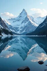 Fototapeta premium Snow-covered mountains reflected in a calm lake, reflection, serene