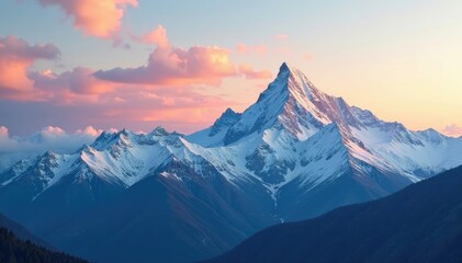 Fototapeta premium Snow-capped peak with wispy clouds and golden light, landscape, serene
