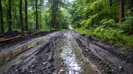 Fototapeta premium The road conditions were bad in the middle of a muddy and rocky forest. AI generated