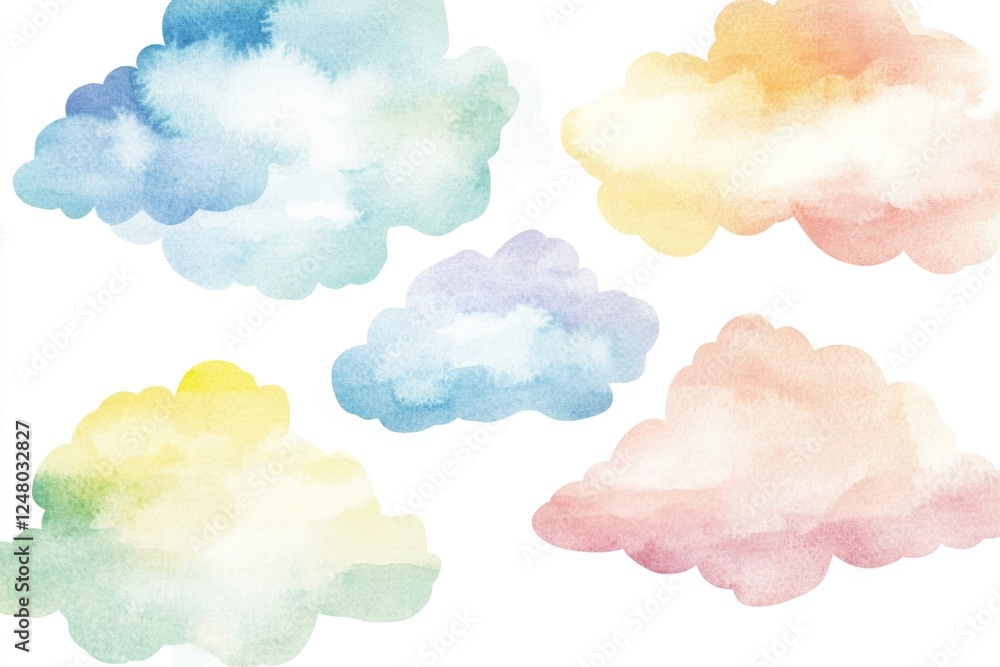 Poster watercolor illustration of four puffy clouds on a bright white background, perfect for use in design