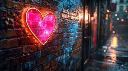 Neon heart sign on a wet brick wall at night.