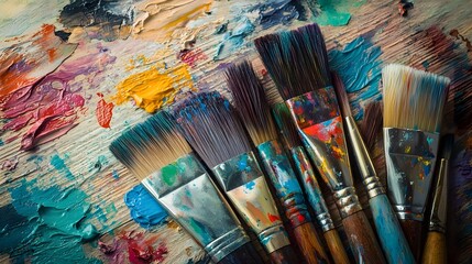 Fototapeta premium Colorful paintbrushes and vibrant paint strokes on wooden surface