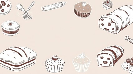 Vector illustration set of hand-drawn bakery food including bread, sweet pastries, and desserts perfect for food packaging designs, set, vector illustration, dessert
