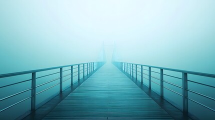 Obraz premium Misty Boardwalk Over Tranquil Lake Leads to Uncertain Destination