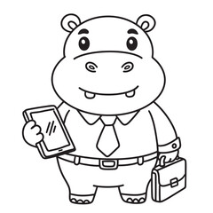 Line art of hippo businessman cartoon holding tablet and bag vector