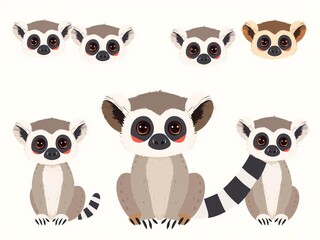 Fototapeta premium Scandinavian style flat design illustrations of cute funny lemur faces, perfect for kids prints and wildlife nature themes, lemur, illustrations, Scandinavian style