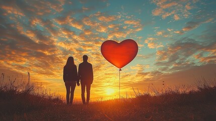 Silhouette of a couple with heart balloon at sunset.