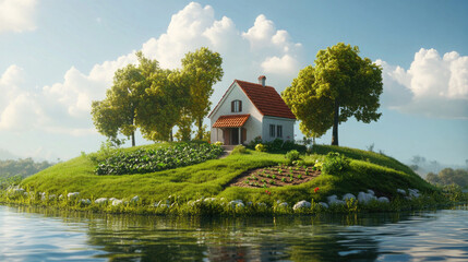 Obraz premium Beautiful House on a Floating Island Surrounded by Lush Greenery and Water