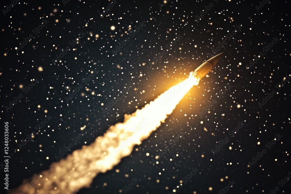 Poster a rocket soaring through the dark night sky with stars and clouds in the background