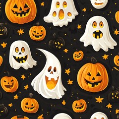 Halloween Pattern of Pumpkins and Ghosts on Dark Background