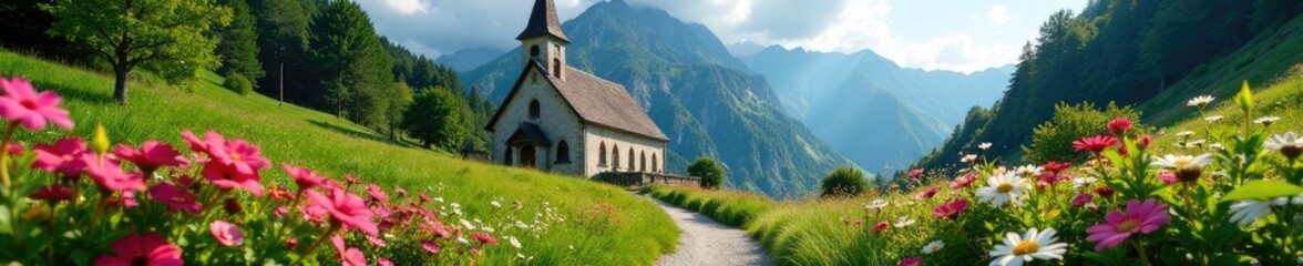 Mountain church entrance with blooming flowers, natural, pathway, greenery