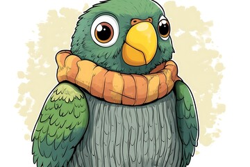 Cute parrot wearing a scarf, cartoon style, soft background