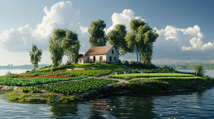Fototapeta premium Beautiful House on a Floating Island Surrounded by Lush Greenery and Water