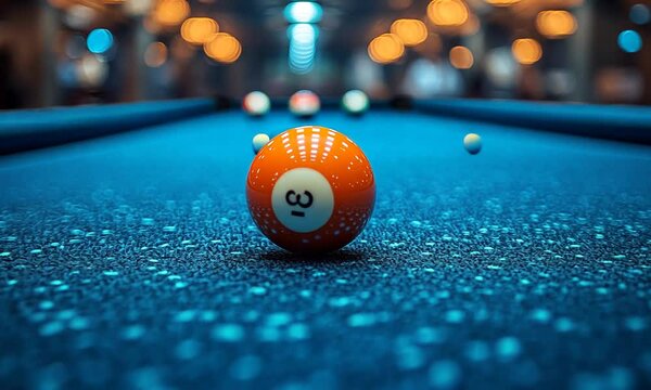 Close-up of an orange billiard ball on a blue felt table in a vibrant pool hall