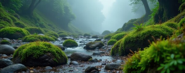 Moss-covered rocks with mist rising from ground, dry, rocks, fog