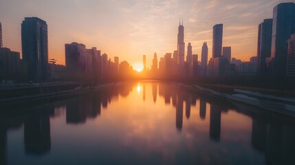 Obraz premium Sunset over city skyline, vibrant colors reflecting on water, serene atmosphere, perfect for inspirational quotes or captions.