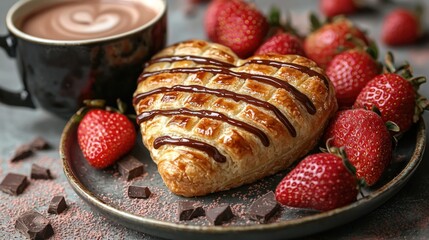 Heart-shaped pastry with strawberries and hot chocolate.