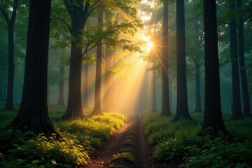 Fototapeta premium Morning light peeks through the trees in a forest, peeking, morning, tree tops