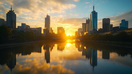 Obraz premium City skyline at sunset, modern high-rises reflecting in water, vibrant colors in the sky, peaceful urban evening atmosphere.