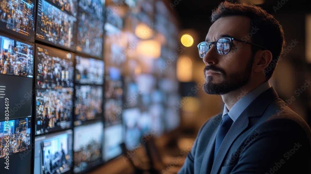 Poster focused man in suit monitoring multiple screens.