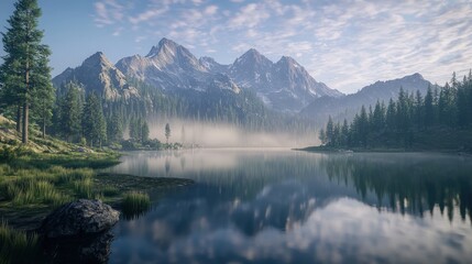 Serene Mountain Lake:  The tranquil beauty of a pristine mountain lake, framed by towering pines and snow-capped peaks. Mist rises from the water's surface, adding to the serene atmosphere.