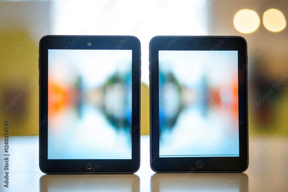 Poster two cell phones placed side by side on a table, ready for use or charging