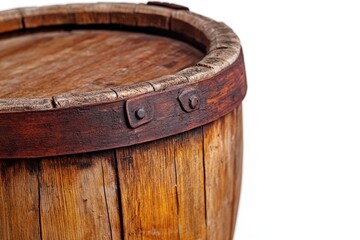 Obraz premium A detailed shot of a wooden barrel on a white background, perfect for use in still life or product photography