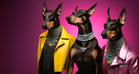 Creative animal concept. Group gang of Doberman dog puppy doggy in sparkly rock punk neon bright colour outfit, copy text space. commercial, editorial advertisement party invitation invite	
