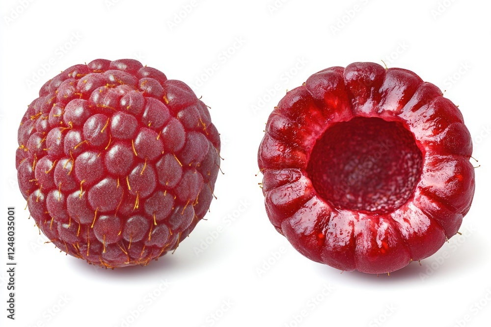 Poster fresh raspberry cut into two halves on a white background
