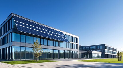 Obraz premium A modern office building with large solar panels installed on the rooftop, reflecting sunlight, futuristic architecture, corporate sustainability efforts, clean energy, eco-conscious design,