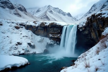 Misty Dagestan waterfall in the frozen mountain landscape, Dagestan, mountain