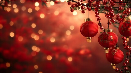 Glowing Red Christmas Ornaments Hanging on Festive String Lights
