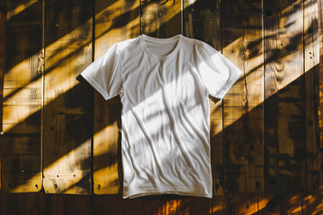 Fototapeta premium Image portraying a T-shirt mockup with a minimalistic design, laid flat on a rustic table with soft lighting