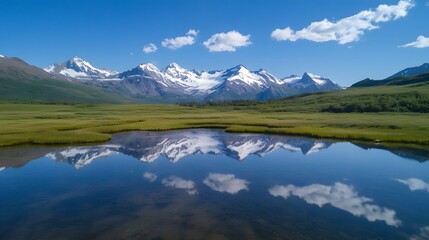 Fototapeta premium Serene mountain landscape reflecting in calm water, lush greenery and vibrant blue sky, perfect for nature themes.