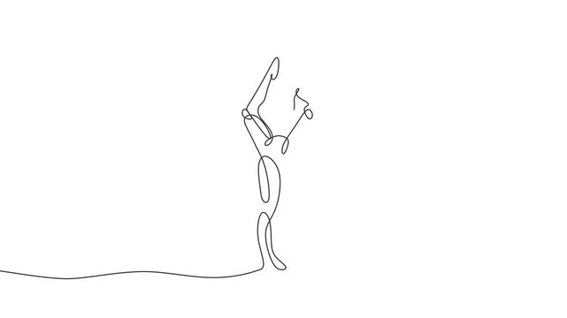 Continuous line drawing animation of woman doing yoga stretching using one leg. Concept of yoga position. Animation video