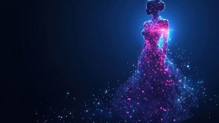 Glowing woman in elegant dress, polygonal style.